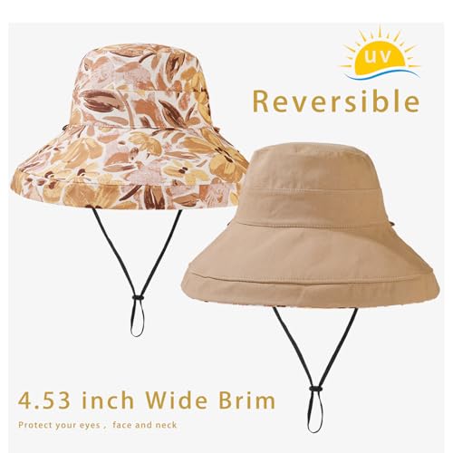 Womens Sun Hats Wide Brim Reversible Bucket Cotton Hat Packable Summer Travel Cap with Hat Clip (Medium / Khaki)