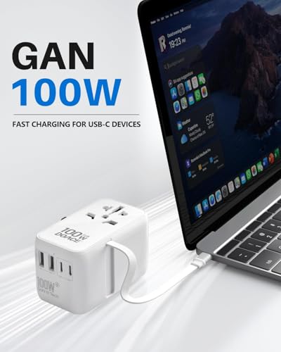 100W GaN Universal Travel Adapter with USB (White)