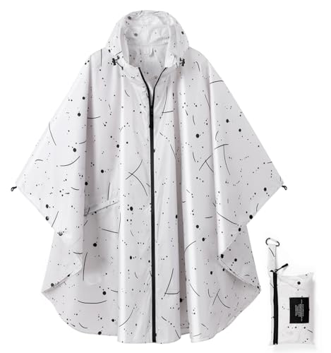 Rain Poncho Jacket Coat Hooded Zipper Style for Women (One Size / Line White Point)