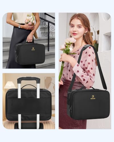 Makeup Bag Travel Makeup Train Case Large Cosmetic Case Professional Portable Makeup Brush Holder Organizer and Storage with Adjustable Dividers and Shoulder Strap Black (Medium / Black)