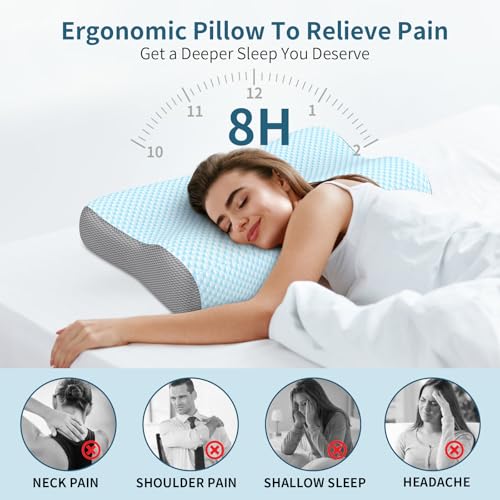 Neck Pillow Contour Memory Foam Pillows for Pain Relief Bed Pillow for Sleeping (Light Blue)