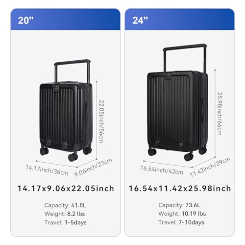 SOKOK Front Pocket Luggage Wide Handle with Spinner Wheels 24 Inch (Black)
