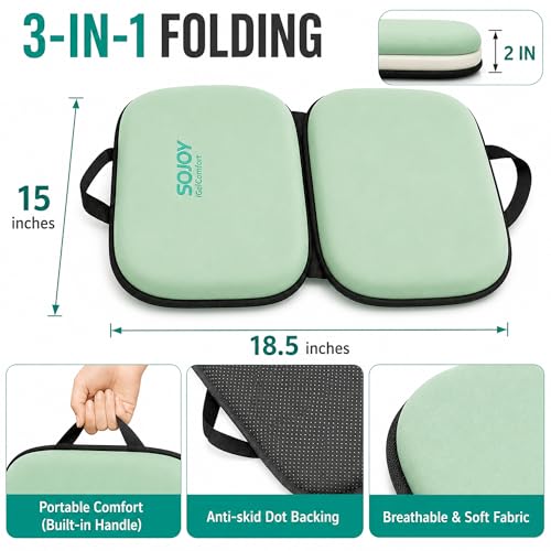 3-in-1 Foldable Gel Seat Cushion with Memory Foam Ergonomic Portable Cushion for Back Pain & Tailbone Relief - Perfect for Office Chair, Airplane Travel & Stadium Seats (18.5" x 15" x 2" Green) (Green)