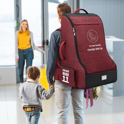 Padded Car Seat Travel Bag for Airplane Car Seat Backpack (Red&Black)