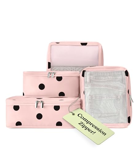 Space Saving Compression Packing Cubes for Kids & Women (5. Pink Polka Dot / 4 Pack (Compression))
