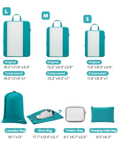 Compression Packing Cubes for Travel (8 PCS Blue / L+2M+S+4 Bags for Laundry Shoe Toiletry Accessory)