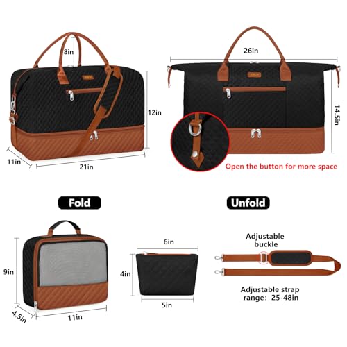 Weekender Bag for Women 21.5" Travel Duffel Large Carry On Bag 3PCS (Large / 9a-Black brown)
