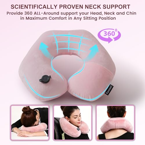 Inflatable Travel Neck Pillow for Airplane to Relieve Neck Pain (Soft Pink / Medium)