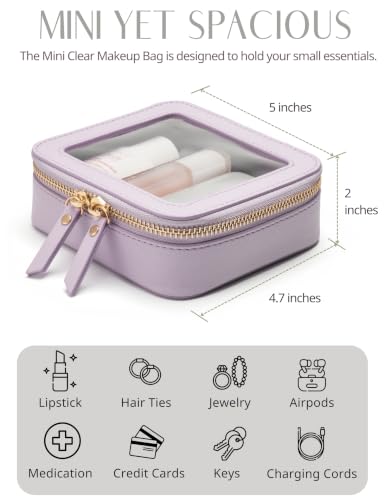 Small Cosmetic Bag for Purse Mini Makeup Bag for School Cute Clear Make Up Pouch for Travel Tiny Leather Purple Make Up Organizer Case for Backpack Toiletry Bag Waterproof Square Pouch with Zipper (Purple / Mini Chic)