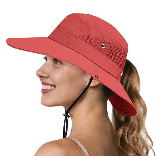 Ponytail Sun Hats for Women UPF Pure Watermelonred (Pure Watermelonred(ponytail Hole))