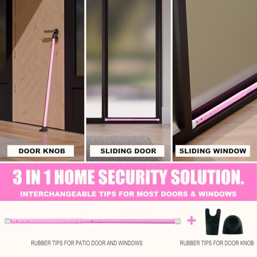 3-in-1 Door Security Bar, Security Door Stoppers & Door Barricade – Heavy Duty Adjustable Iron Security Lock Bar for Home Defense, Apartment & Travel Safety (1 Pack - Pink) (1 Pack / Pink)