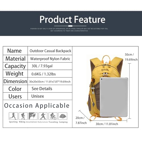 Hiking Backpack 30L Foldable Travel Daypack For Women Men (Yellow / 30L)
