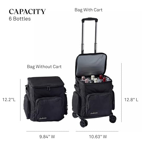 6 Bottle Insulated Wine Bag with Rolling Cart (Black)