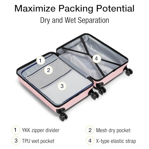 Carry On Luggage 22x14x9 Airline Approved Hardshell Carry On Suitcases with Wheels Travel Rolling 20 Inch Luggage with Cup Holder for Women (Light Pink / Carry-On 22-Inch（non-expandable）)