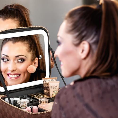 Makeup Travel Train Case with Mirror LED Light 3 Adjustable Brightness Large Cosmetic Bag Portable Storage Adjustable Partition Waterproof Makeup Brushes Make up Jewelry Gift for Women (Plaid Brown)