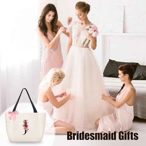 Tote Bag, A-Z Initial Monogrammed Waterproof Tote Bag, Bridesmaid Gifts for Women, Black and Pink (J, Beige) (Beige)