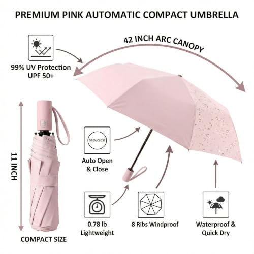 Small Compact Travel Umbrella with UV Protection for Sun & Rain (C-2 Pack Pink & Beige)