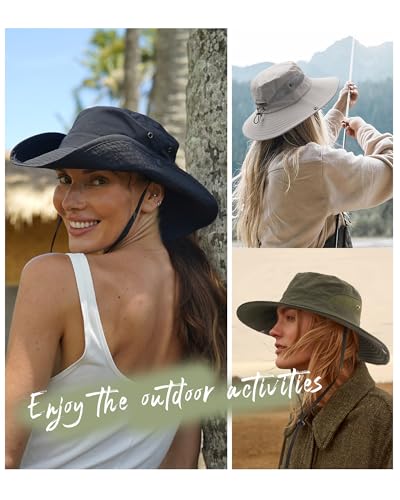 Womens Sun Hat with Ponytail Hole Beach Hiking Summer Wide Brim UPF 50+ Outdoor Protection Foldable Bucket Hat Black (Black)