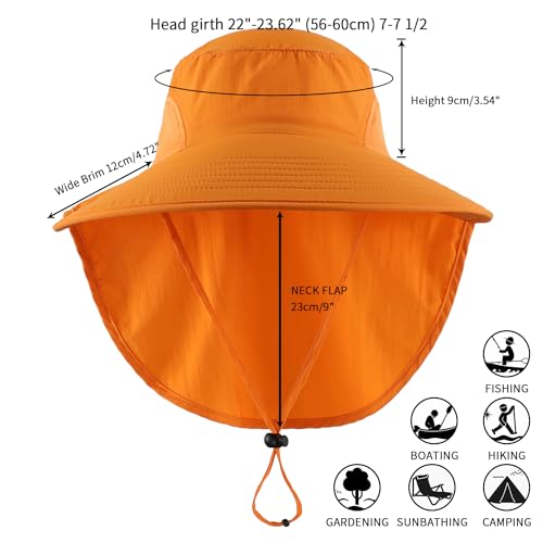 Outdoor UPF50+ Sun Hat Wide Brim Mesh Fishing Hat with Neck Flap (Large-X-Large / Orange)