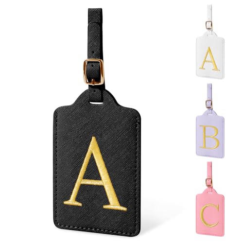 Personalized Initial Luggage Tags for Suitcase TSA Approved (Black Leather,glod Letter / A)
