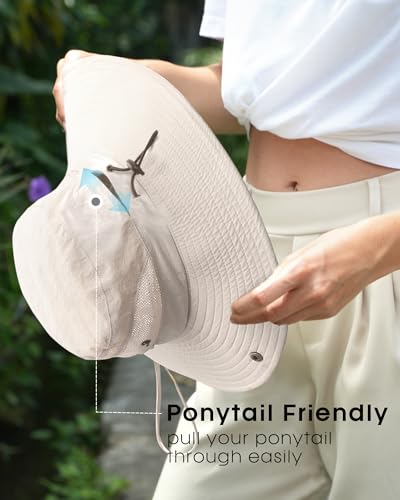 Womens Sun Hat with Ponytail Hole Beach Hiking Summer Wide Brim UPF 50+ Outdoor Protection Foldable Bucket Hat Beige (Beige)