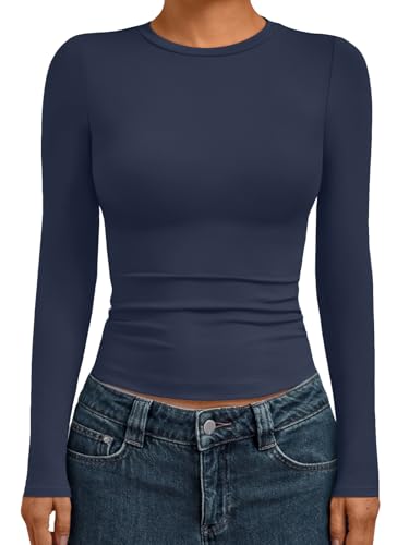 Womens Long Sleeve Shirts Basic Compression Tops Navy M (Medium / Navy)