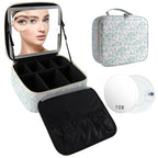 Travel Makeup Bag with LED Mirror Toiletry Bag for women with 10x magnifying glass (Green Flower / With LED Mirror and 10x Magnifying Glass)