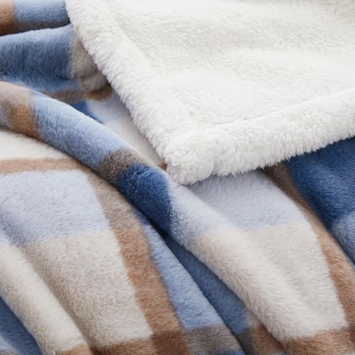 Super Soft Faux Rabbit Fur Sherpa Fleece Throw Blanket (Blue-plaid / 80"*90")