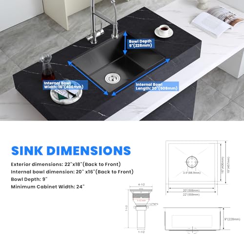 22×18 Inch Undermount Kitchen Sink (L 22"×W 18"×H 9" / Black)
