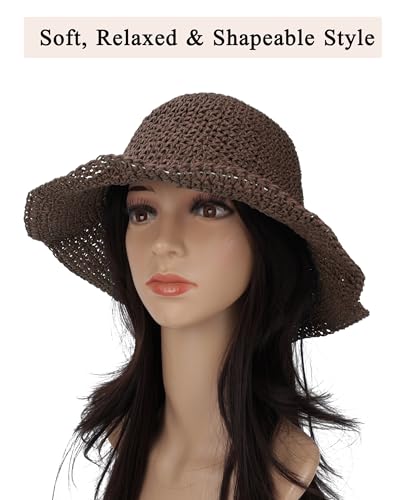 Womens Crochet Straw Sun Hat Foldable Floppy Wide Brim Beach Hat for Summer (One Size / Coffee)