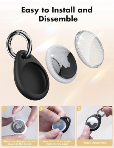 Holder for Apple AirTag [Fit Tightly Design] [Easy to Install] [Hold Air Tag Securely] Waterproof TPU Shell Case with All Metal Keychain Key Ring Clip (Black)