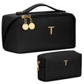 Initial Makeup Bag Personalized Gift for Women Teen Girls (Black / T)