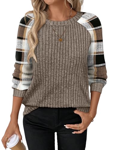 Chocolate Brown Fall Clothes Fall Fashion Must Haves Womens Tops Long Sleeve Shirts for Women Plaid Oversized Sweaters School Outfits Tops for Teachers Winter Clothing Travel Vacation Raglan Paneled (Small / 08-khaki Plaid)