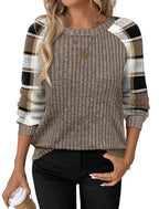 Chocolate Brown Fall Clothes Fall Fashion Must Haves Womens Tops Long Sleeve Shirts for Women Plaid Oversized Sweaters School Outfits Tops for Teachers Winter Clothing Travel Vacation Raglan Paneled (Medium / 08-khaki Plaid)