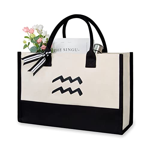 Embroidery Constellation Canvas Bag for Women (Black & White / Constellation-aquarius)