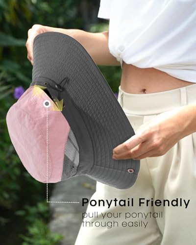 Womens Sun Hat with Ponytail Hole Beach Hiking Summer Wide Brim UPF 50+ Outdoor Protection Foldable Bucket Hat Pink (Pink-grey)