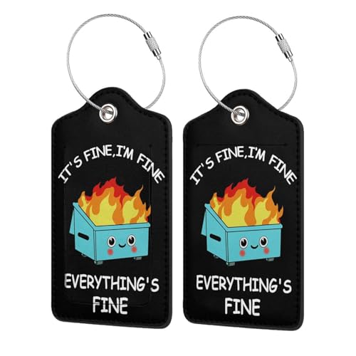 2 Pack Luggage Tags for suitcases Funny Cute Black Trash on fire I'm Fine It's Fine Luggage Tag (Black)