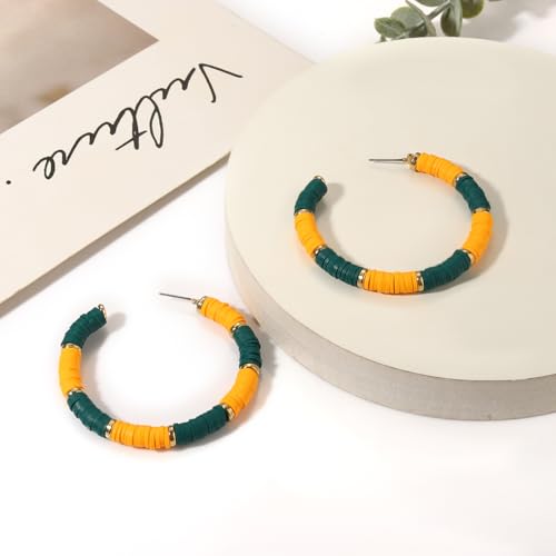 Game Day Earrings Football Baseball Earrings for Women Sports Team Heishi Hoop Earring Football Accessories Outfits Cheer Mom Essentials Fall Sports Must Haves Cheer Gifts (Green Yellow)