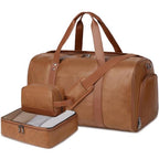 3PCS Faux Leather Weekender Bag for Women Men Travel Bag Overnight Bags (Light Brown)