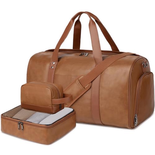 3PCS Faux Leather Weekender Bag for Women Men Travel Bag Overnight Bags (Light Brown)