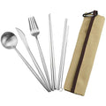 Reusable Travel Utensils (Khaki Pouch / Silver)
