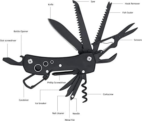15-in-1 Stainless Steel Multitool Pocket Knife with Sheath for Hiking, Camping, Survival, Black, Pocket Size (15-in-1 / Black)