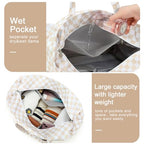 Waterproof Beach Tote Pool Bags for Women Ladies Extra Large Carry On Bag With Wet Compartment for Weekender Travel (Light Brown Checkered)