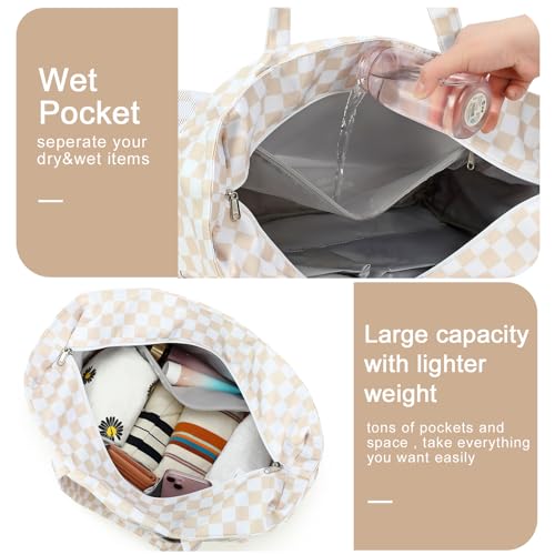 Waterproof Beach Tote Pool Bags for Women Ladies Extra Large Carry On Bag With Wet Compartment for Weekender Travel (Light Brown Checkered)