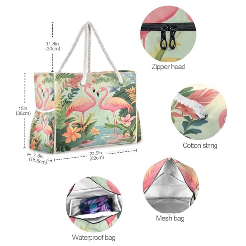 Large Beach Bags Totes Canvas Tote Shoulder Bag Soft Wave Water Resistant Bags for Gym Travel Daily Ocean (Pink Flamingo)