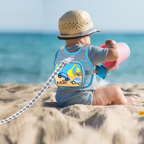 Toddler Harness Leash + Anti Lost Wrist Link (Blue/Breathable Car & Excavator)