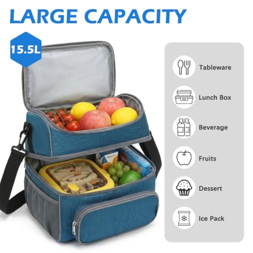 Double Layer Cooler Insulated Lunch Bag Adult Lunch Box Large Tote Bag for Men (Lake Blue)
