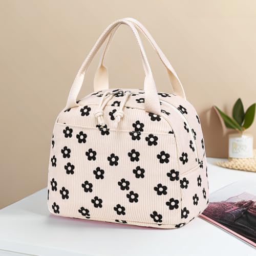Lunch Bag for Women Men Cute Corduroy Lunch Tote Bags Reusable Insulated Lunch Box Large Capacity Reusable Insulated Cooler for Work Picnic or Travel (Corduroy Black Floral 95 / 10L)