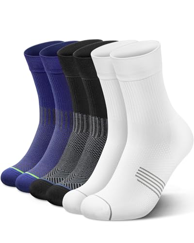 3 Pairs Running Compression Socks for Men & Women Crew Socks with Cushion (Large / Black+white+navy(3 Pairs))