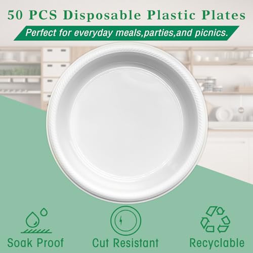 50 Pcs 10 Inch White Plastic Plates (White / 50 Pcs)